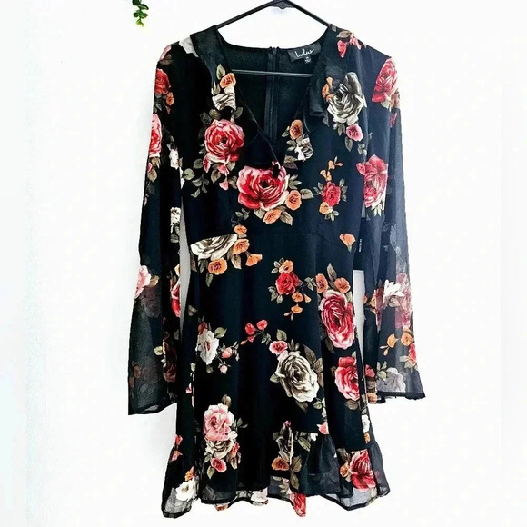 Lulu's Floral Midi Flared Sleeve Back Zip Linned Chiffon dress Sz  M Nwt - Picture 1 of 7